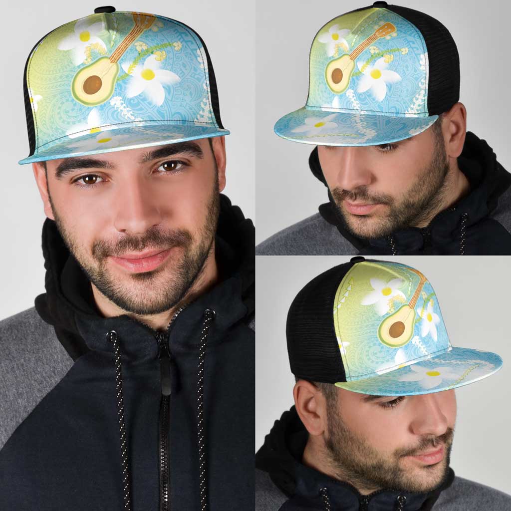 Hawaiian Ukulele Avocado Mesh Trucker Cap Leis and Polynesian Pattern