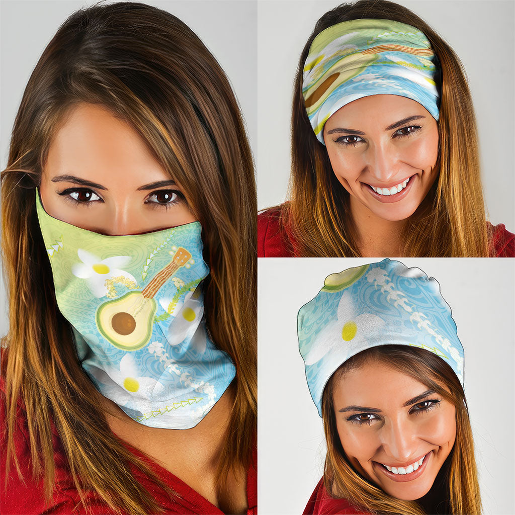Hawaiian Ukulele Avocado Neck Gaiter Leis and Polynesian Pattern