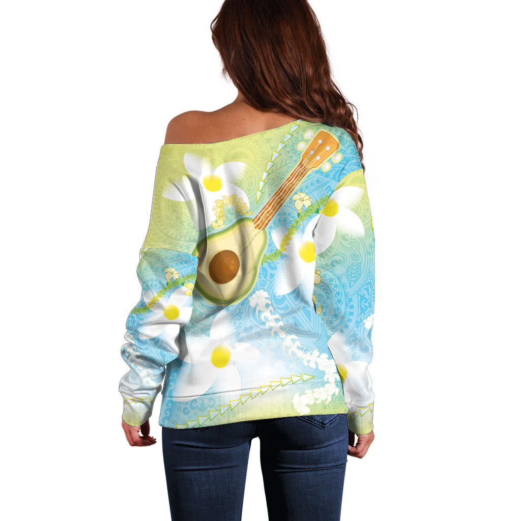 Hawaiian Ukulele Avocado Off Shoulder Sweater Leis and Polynesian Pattern