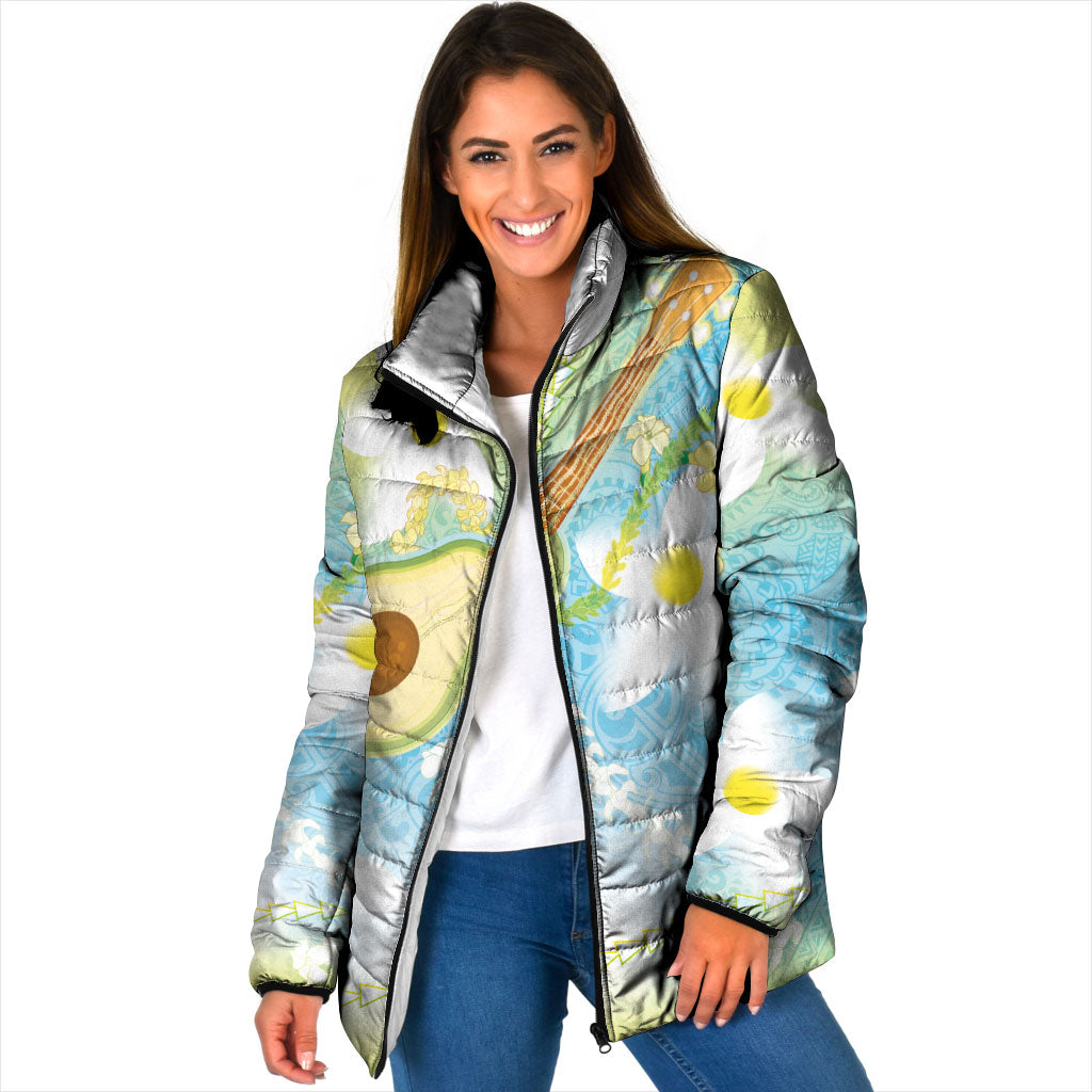Hawaiian Ukulele Avocado Padded Jacket Leis and Polynesian Pattern