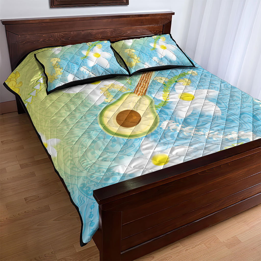 Hawaiian Ukulele Avocado Quilt Bed Set Leis and Polynesian Pattern