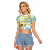 Hawaiian Ukulele Avocado Raglan Cropped T Shirt Leis and Polynesian Pattern