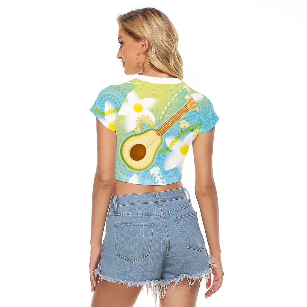 Hawaiian Ukulele Avocado Raglan Cropped T Shirt Leis and Polynesian Pattern