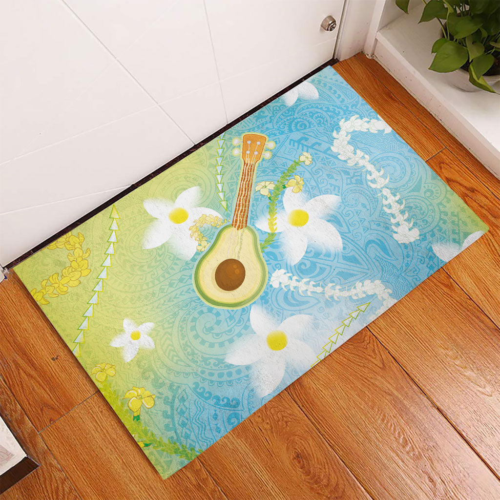 Hawaiian Ukulele Avocado Rubber Doormat Leis and Polynesian Pattern