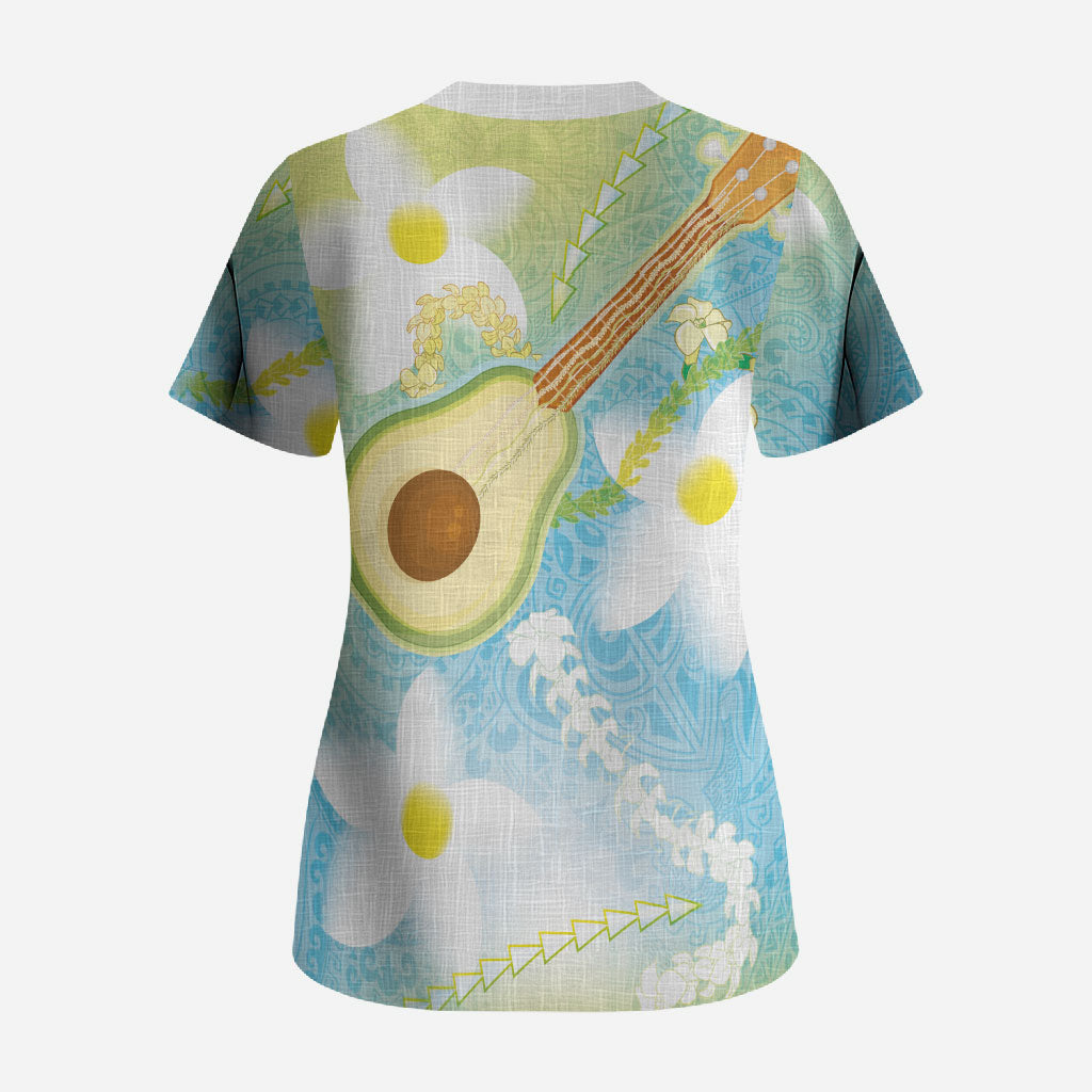 Hawaiian Ukulele Avocado Scrub Top Leis and Polynesian Pattern
