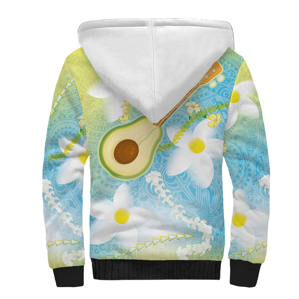 Hawaiian Ukulele Avocado Sherpa Hoodie Leis and Polynesian Pattern