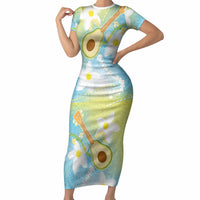 Hawaiian Ukulele Avocado Short Sleeve Bodycon Dress Leis and Polynesian Pattern