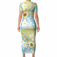 Hawaiian Ukulele Avocado Short Sleeve Bodycon Dress Leis and Polynesian Pattern