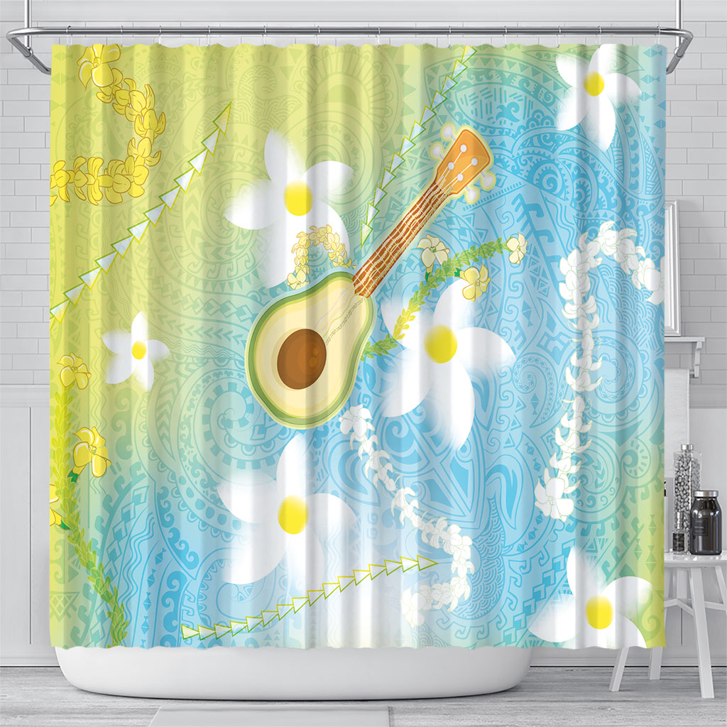 Hawaiian Ukulele Avocado Shower Curtain Leis and Polynesian Pattern
