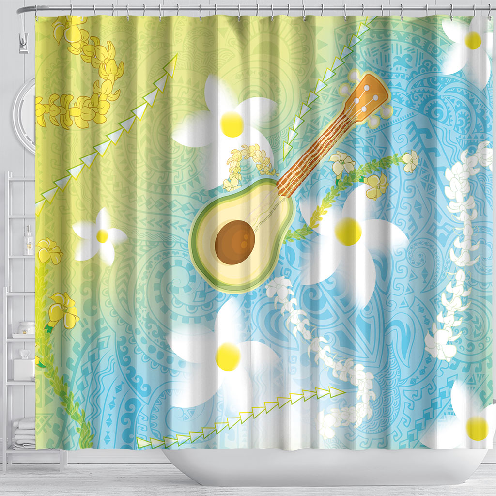 Hawaiian Ukulele Avocado Shower Curtain Leis and Polynesian Pattern