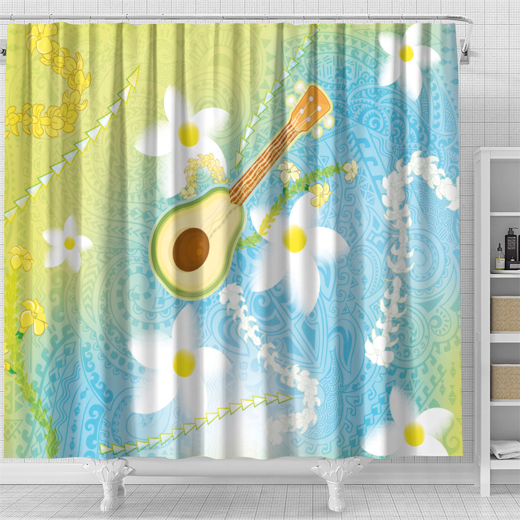 Hawaiian Ukulele Avocado Shower Curtain Leis and Polynesian Pattern