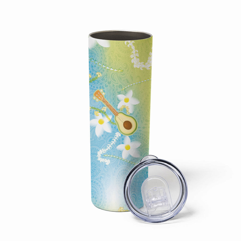Hawaiian Ukulele Avocado Skinny Tumbler Leis and Polynesian Pattern