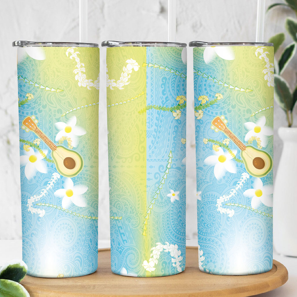 Hawaiian Ukulele Avocado Skinny Tumbler Leis and Polynesian Pattern
