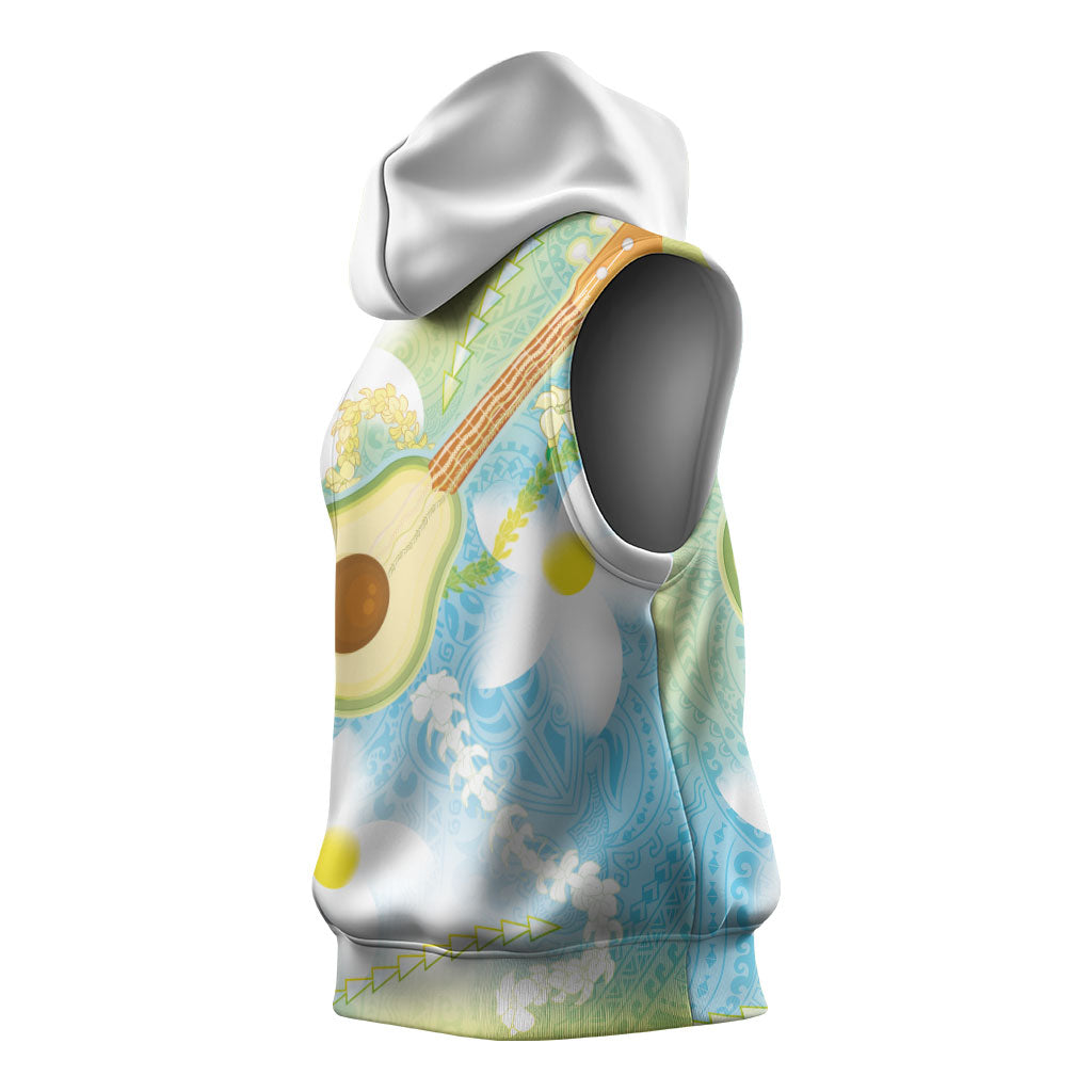 Hawaiian Ukulele Avocado Sleeveless Hoodie Leis and Polynesian Pattern