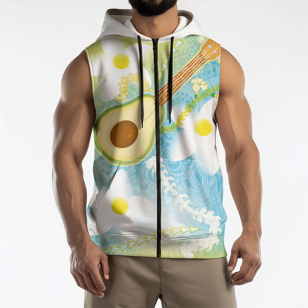 Hawaiian Ukulele Avocado Sleeveless Zip Hoodie Leis and Polynesian Pattern