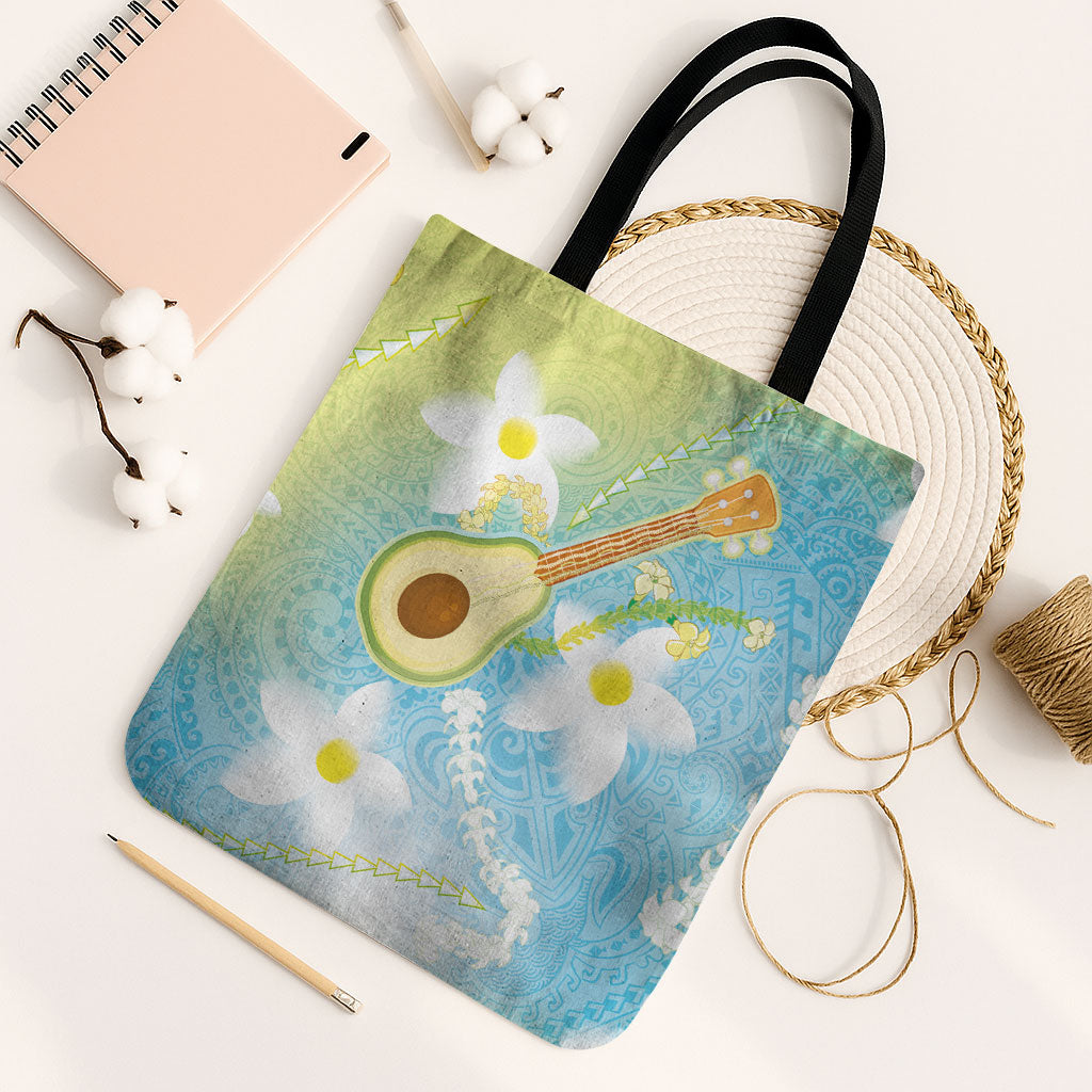 Hawaiian Ukulele Avocado Tote Bag Leis and Polynesian Pattern