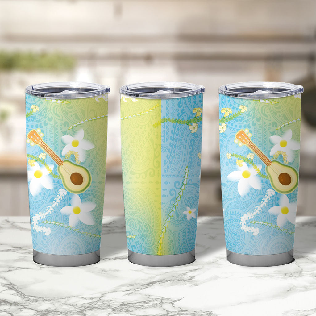 Hawaiian Ukulele Avocado Tumbler Cup Leis and Polynesian Pattern