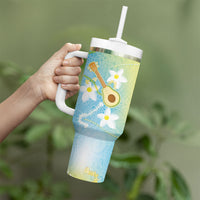 Hawaiian Ukulele Avocado Tumbler With Handle Leis and Polynesian Pattern