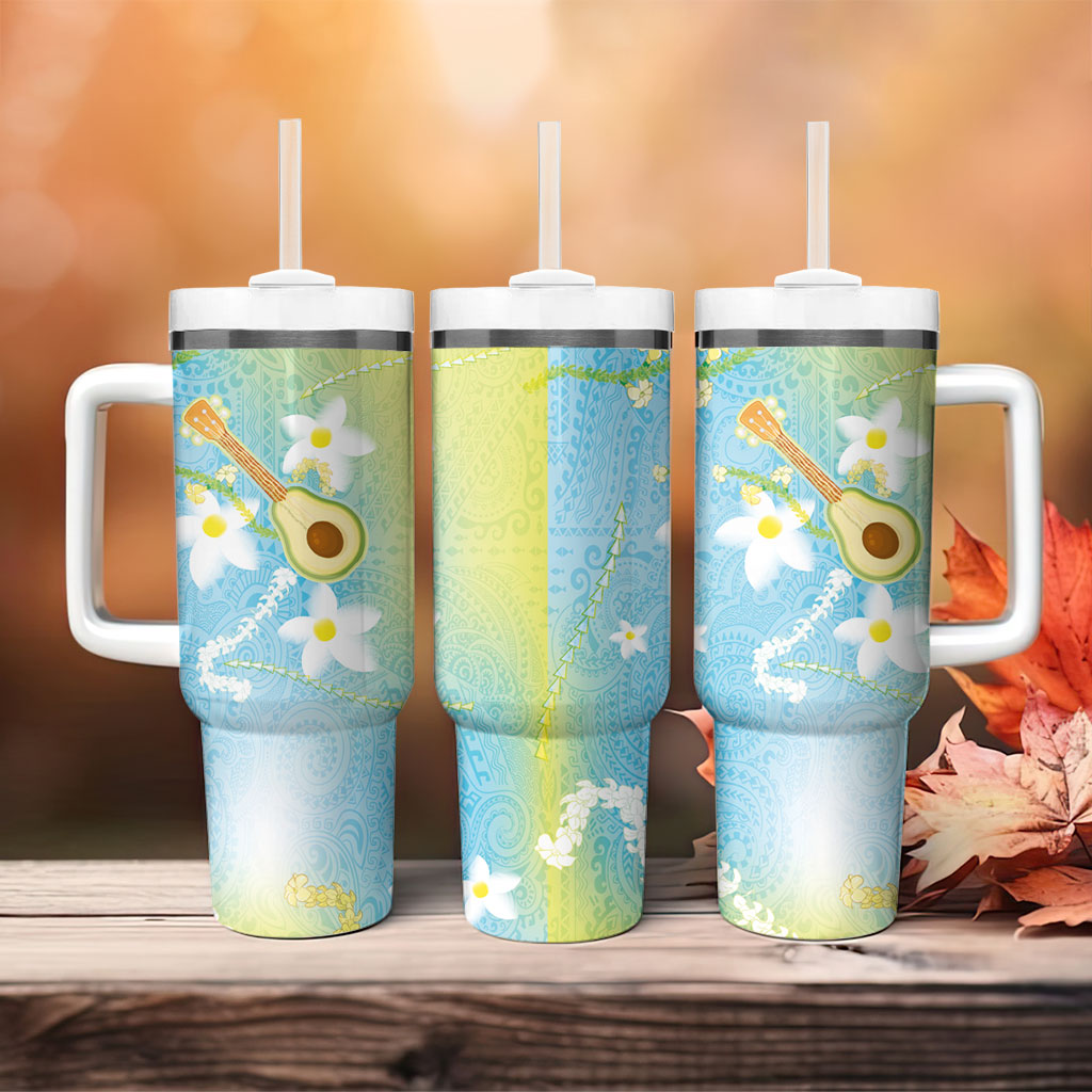Hawaiian Ukulele Avocado Tumbler With Handle Leis and Polynesian Pattern