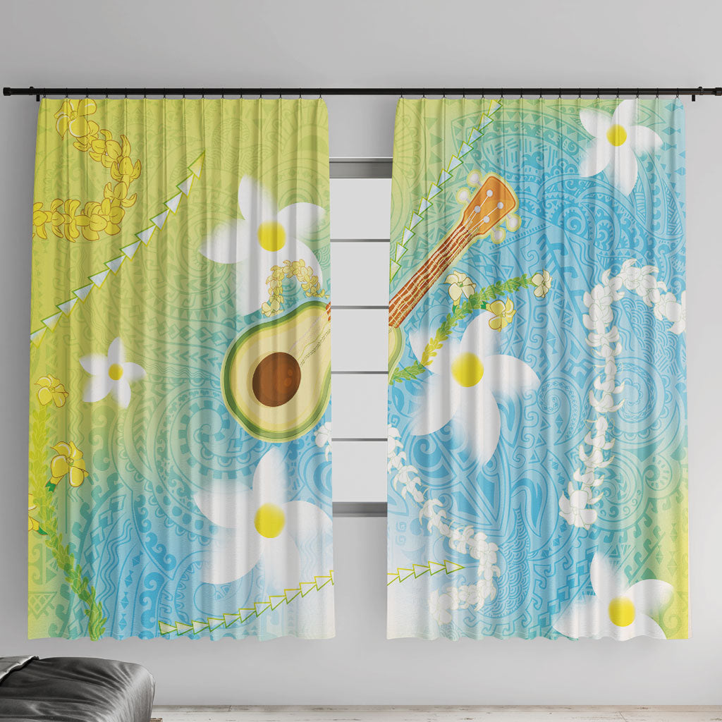 Hawaiian Ukulele Avocado Window Curtain Leis and Polynesian Pattern