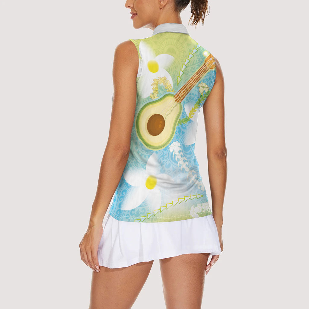 Hawaiian Ukulele Avocado Women Sleeveless Polo Shirt Leis and Polynesian Pattern