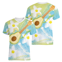 Hawaiian Ukulele Avocado Women V-Neck T-Shirt Leis and Polynesian Pattern