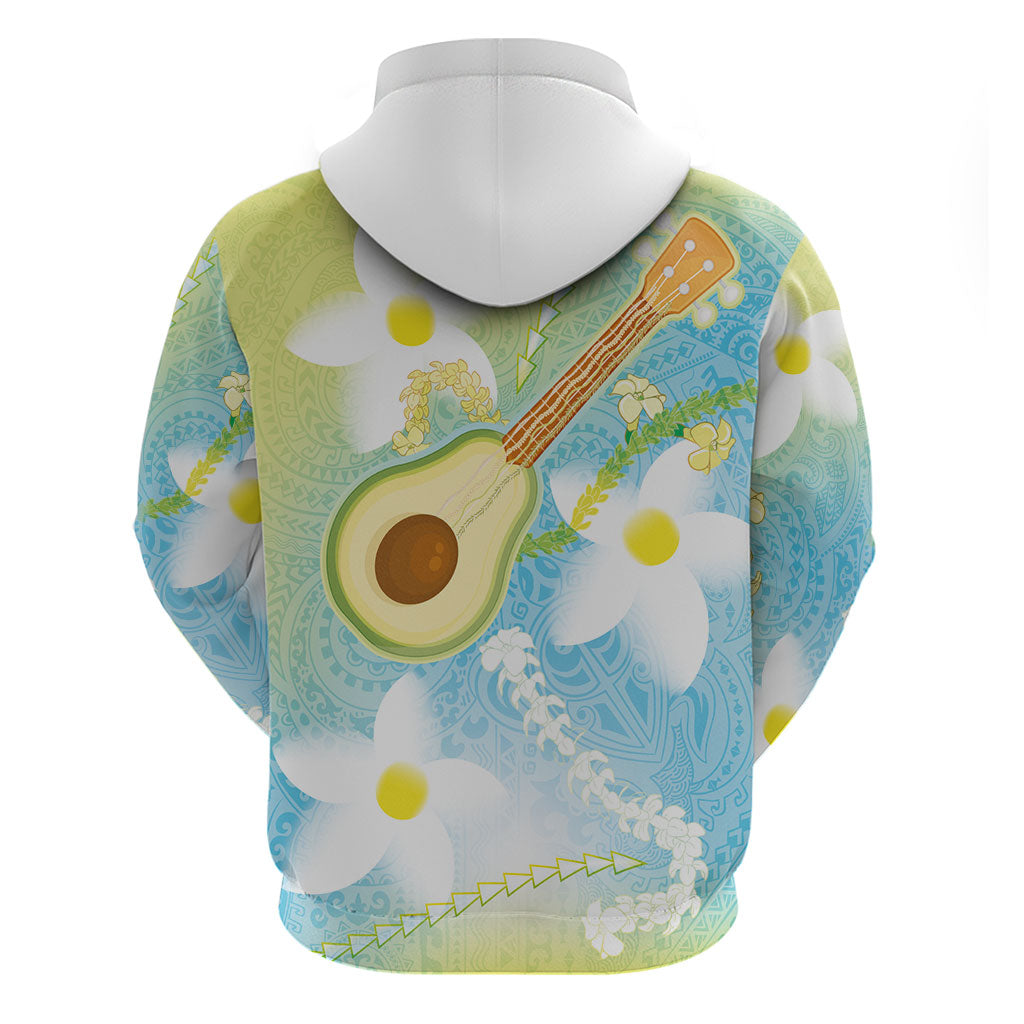 Hawaiian Ukulele Avocado Zip Hoodie Leis and Polynesian Pattern