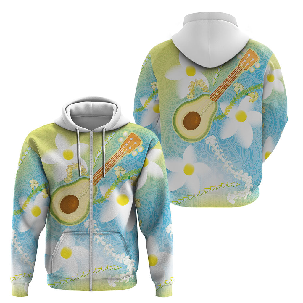 Hawaiian Ukulele Avocado Zip Hoodie Leis and Polynesian Pattern