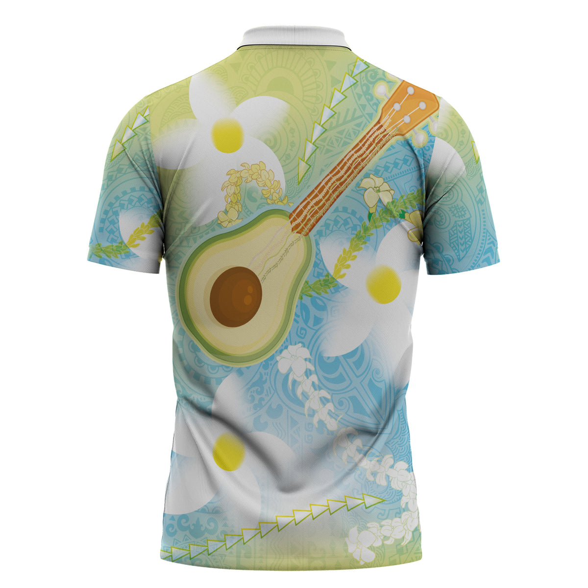 Hawaiian Ukulele Avocado Zipper Polo Shirt Leis and Polynesian Pattern