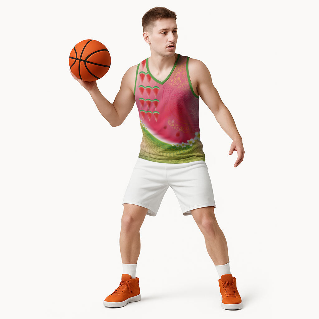 Hawaiian Watermelon Basketball Jersey with Kakau Art Tattoo