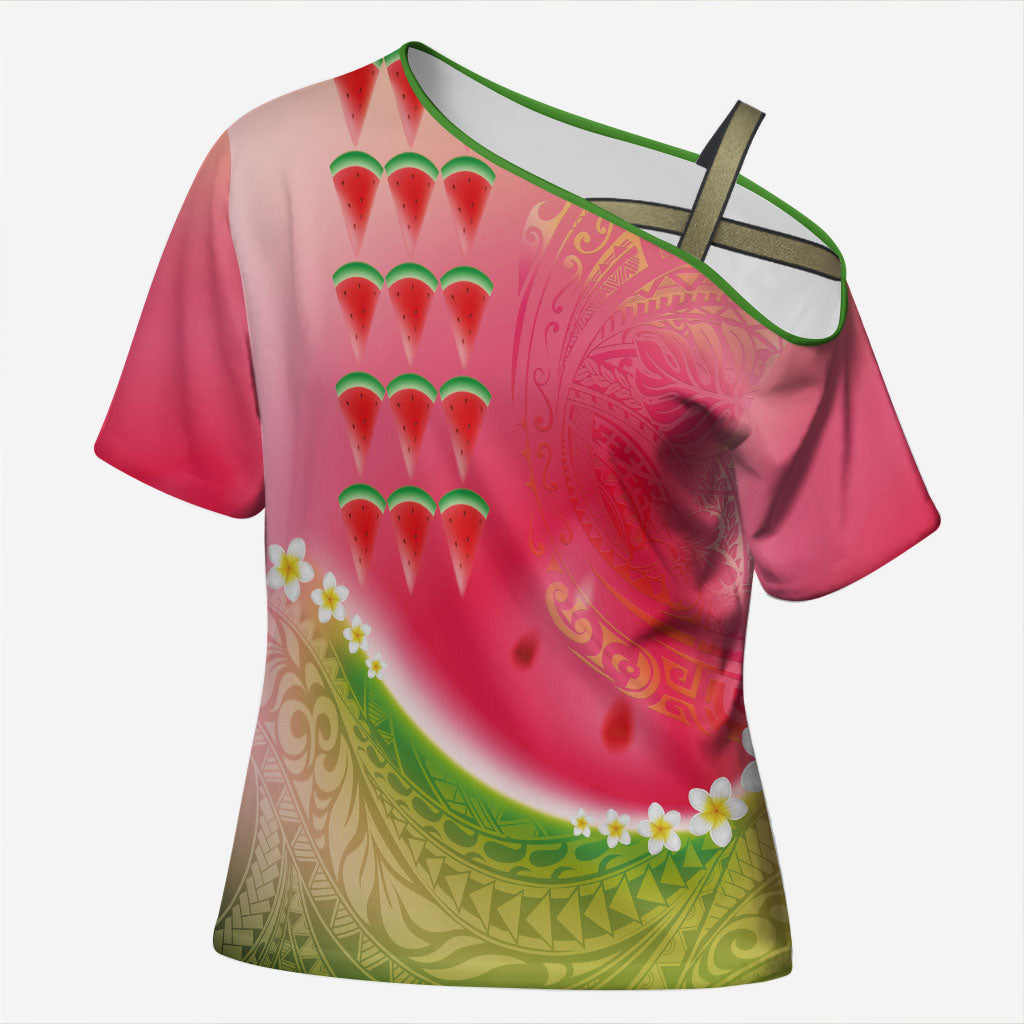 Hawaiian Watermelon Cross Shoulder Shirt with Kakau Art Tattoo