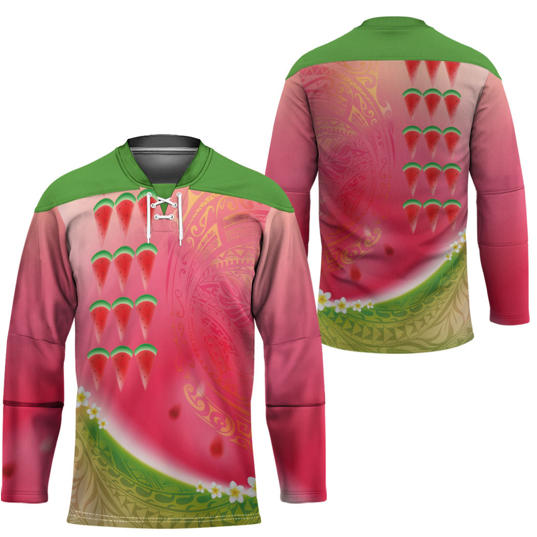 Hawaiian Watermelon Hockey Jersey with Kakau Art Tattoo