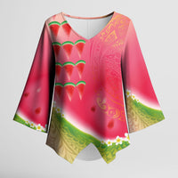 Hawaiian Watermelon Kimono Sleeve Blouse with Kakau Art Tattoo