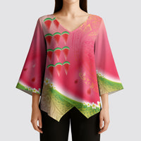 Hawaiian Watermelon Kimono Sleeve Blouse with Kakau Art Tattoo