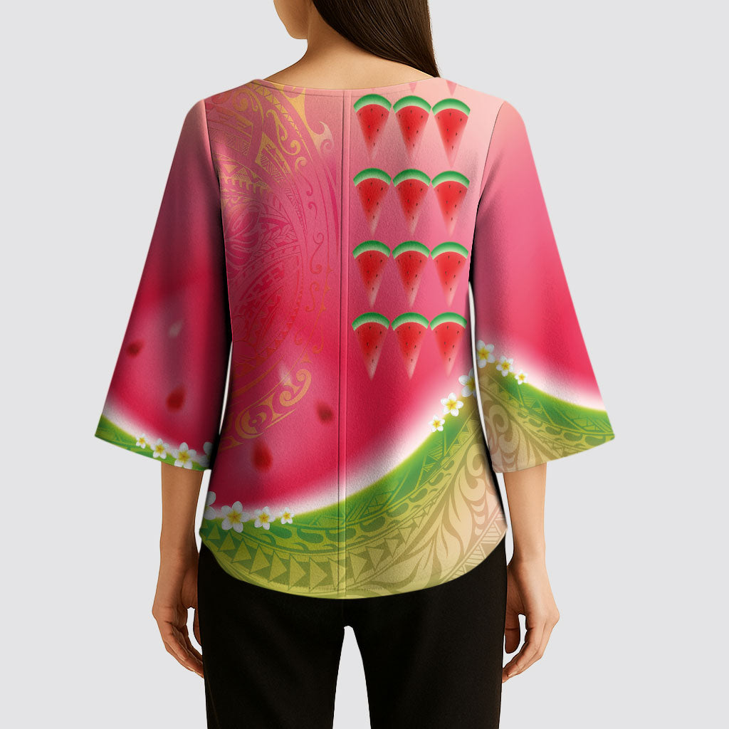 Hawaiian Watermelon Kimono Sleeve Blouse with Kakau Art Tattoo