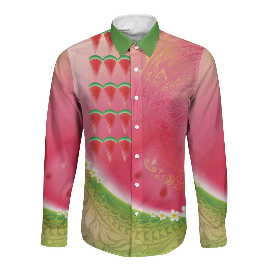 Hawaiian Watermelon Long Sleeve Button Shirt with Kakau Art Tattoo