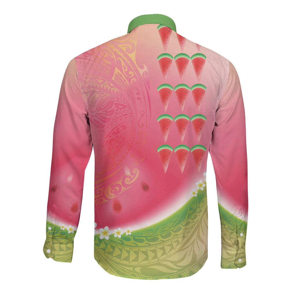 Hawaiian Watermelon Long Sleeve Button Shirt with Kakau Art Tattoo