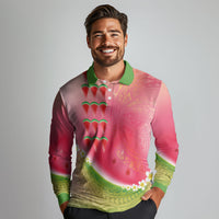 Hawaiian Watermelon Long Sleeve Polo Shirt with Kakau Art Tattoo