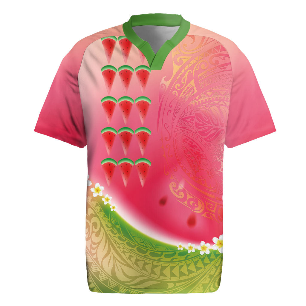 Hawaiian Watermelon Rugby Jersey with Kakau Art Tattoo
