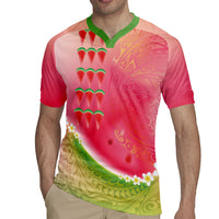 Hawaiian Watermelon Rugby Jersey with Kakau Art Tattoo