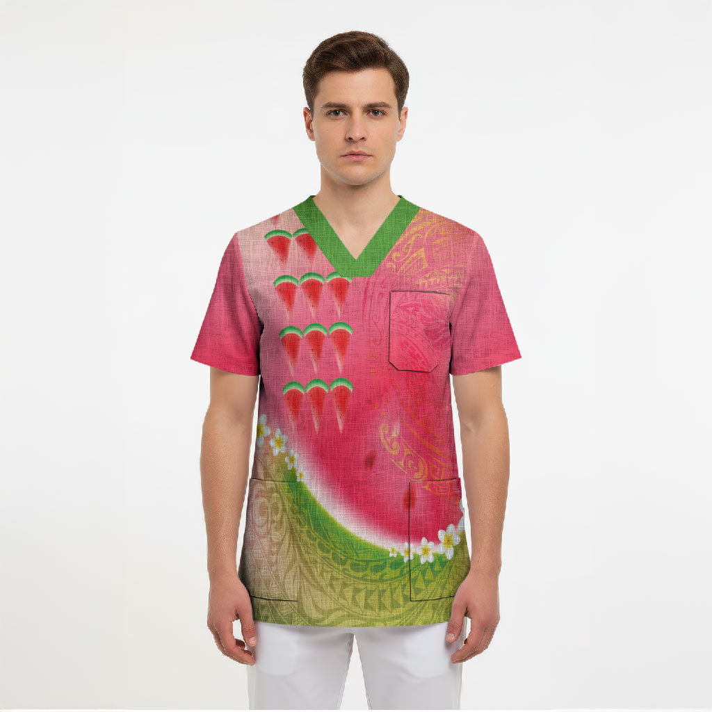 Hawaiian Watermelon Scrub Top with Kakau Art Tattoo