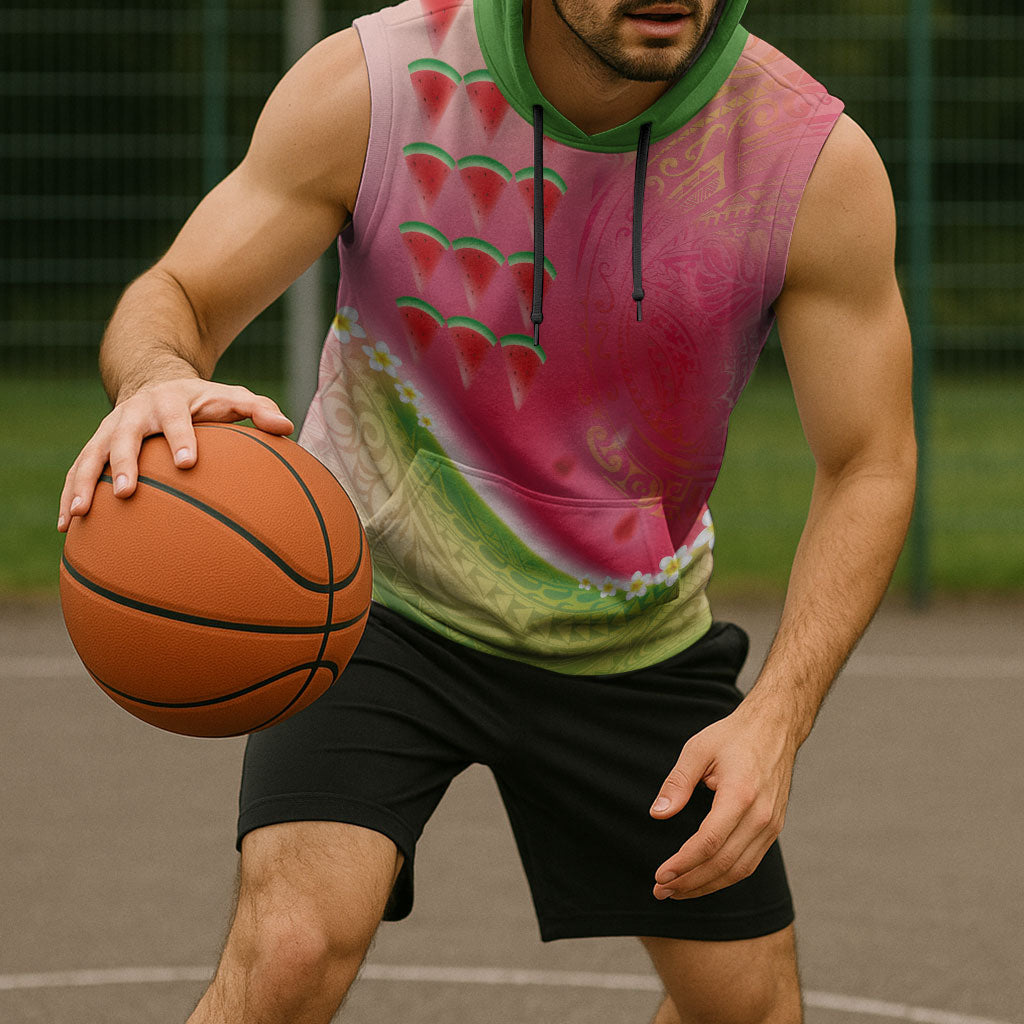 Hawaiian Watermelon Sleeveless Hoodie with Kakau Art Tattoo