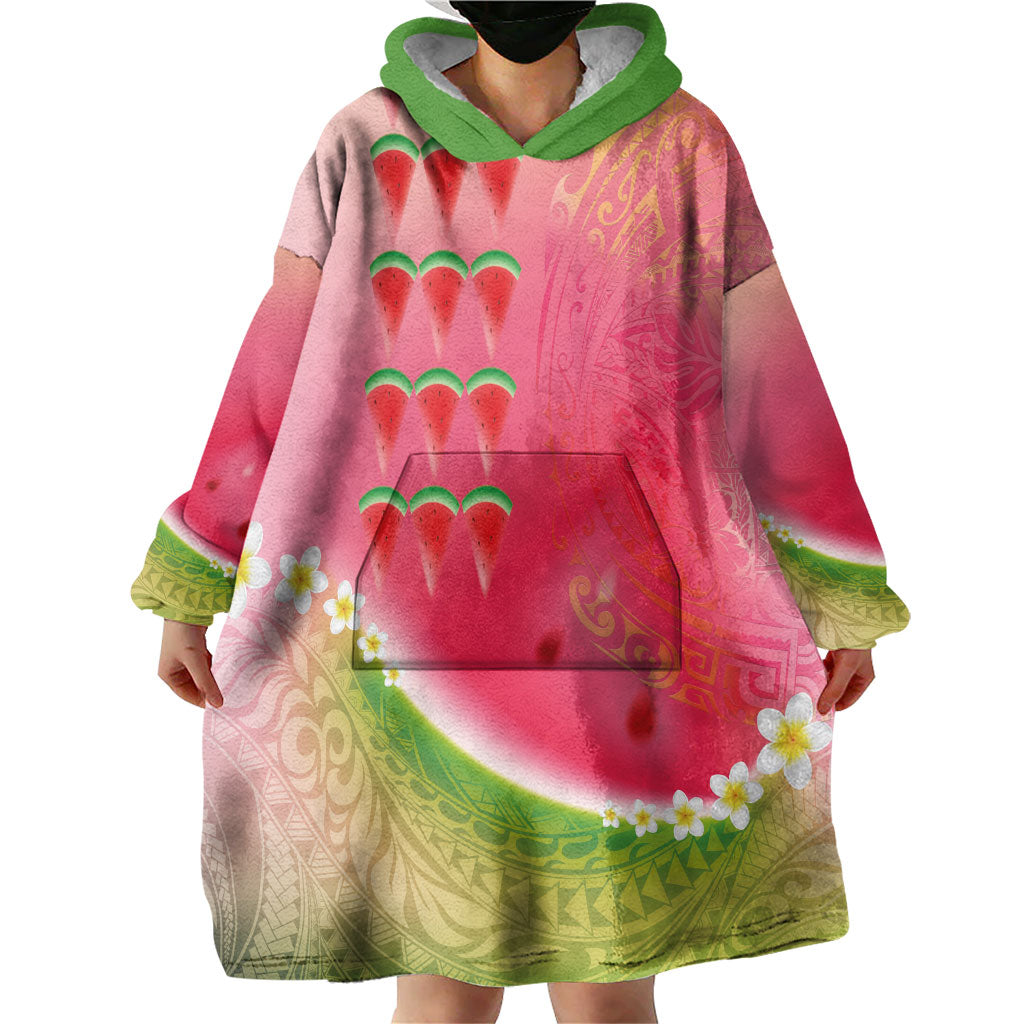 Hawaiian Watermelon Wearable Blanket Hoodie with Kakau Art Tattoo