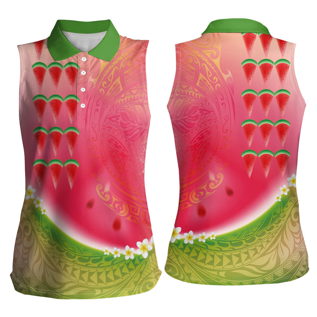 Hawaiian Watermelon Women Sleeveless Polo Shirt with Kakau Art Tattoo