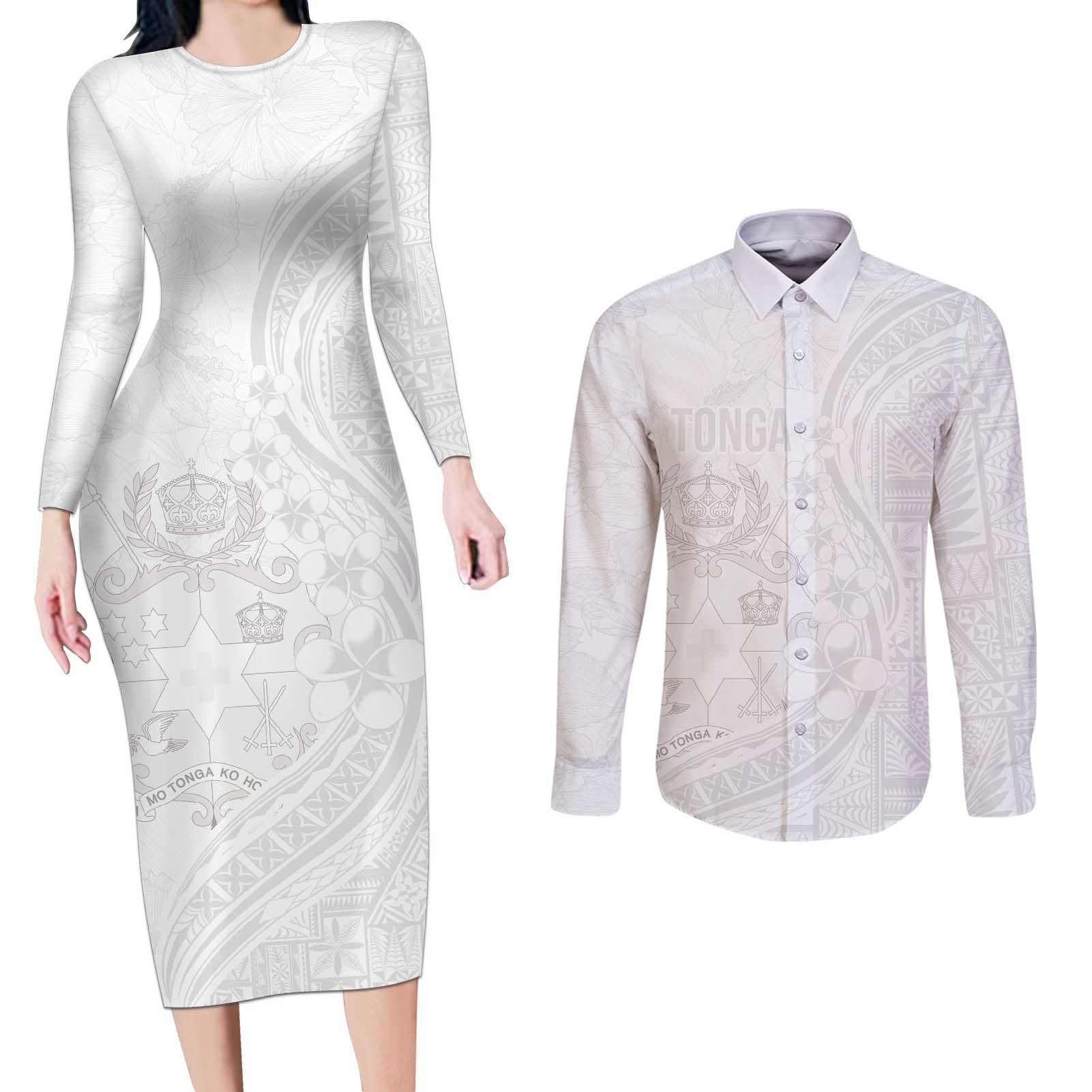 Tonga Faka Sepitema Couples Matching Long Sleeve Bodycon Dress and Long Sleeve Button Shirt Ngatu Pattern with Plumeria and Hibiscus