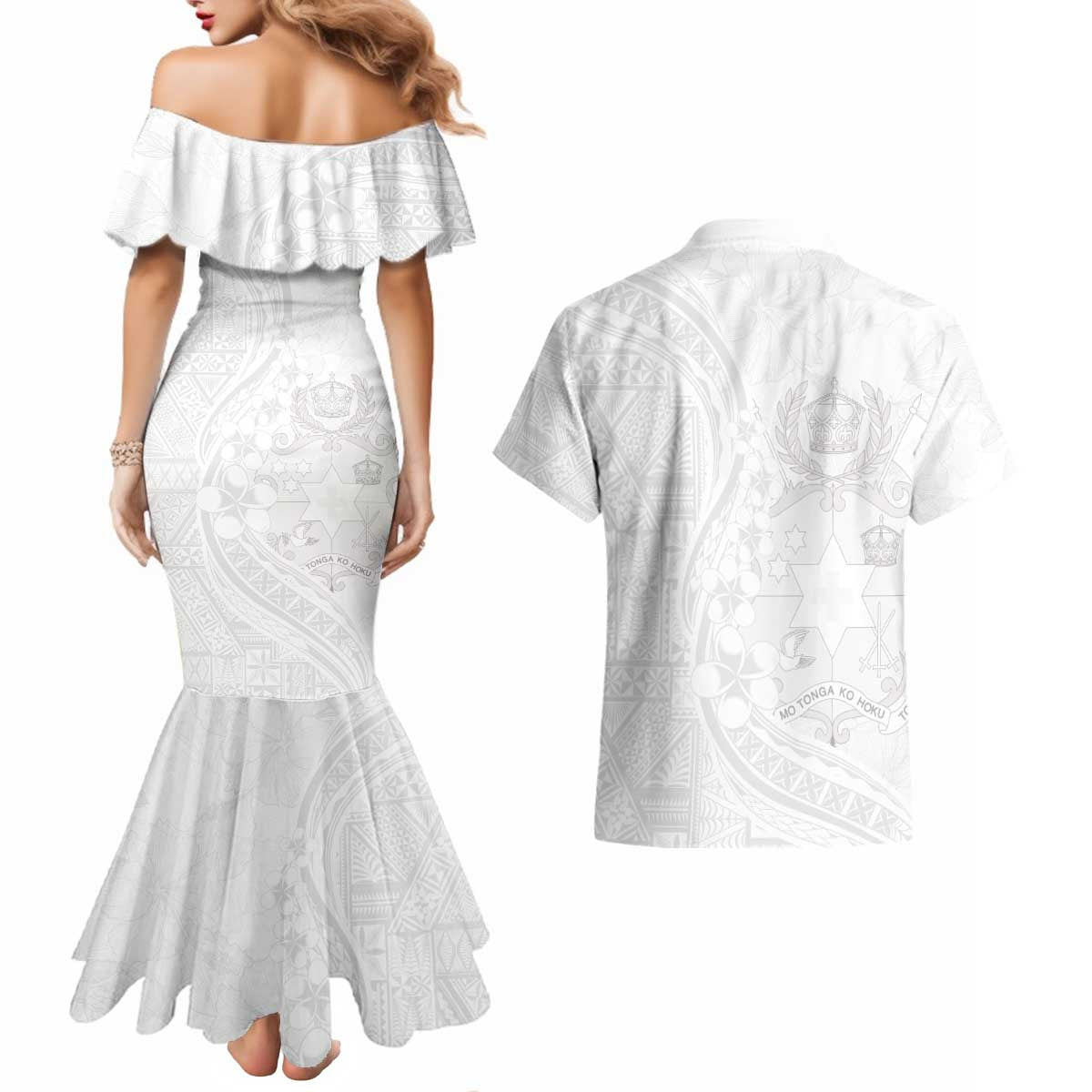 Tonga Faka Sepitema Couples Matching Mermaid Dress and Hawaiian Shirt Ngatu Pattern with Plumeria and Hibiscus LT03 - Polynesian Pride