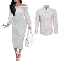 Tonga Faka Sepitema Couples Matching Off The Shoulder Long Sleeve Dress and Long Sleeve Button Shirt Ngatu Pattern with Plumeria and Hibiscus LT03 White - Polynesian Pride