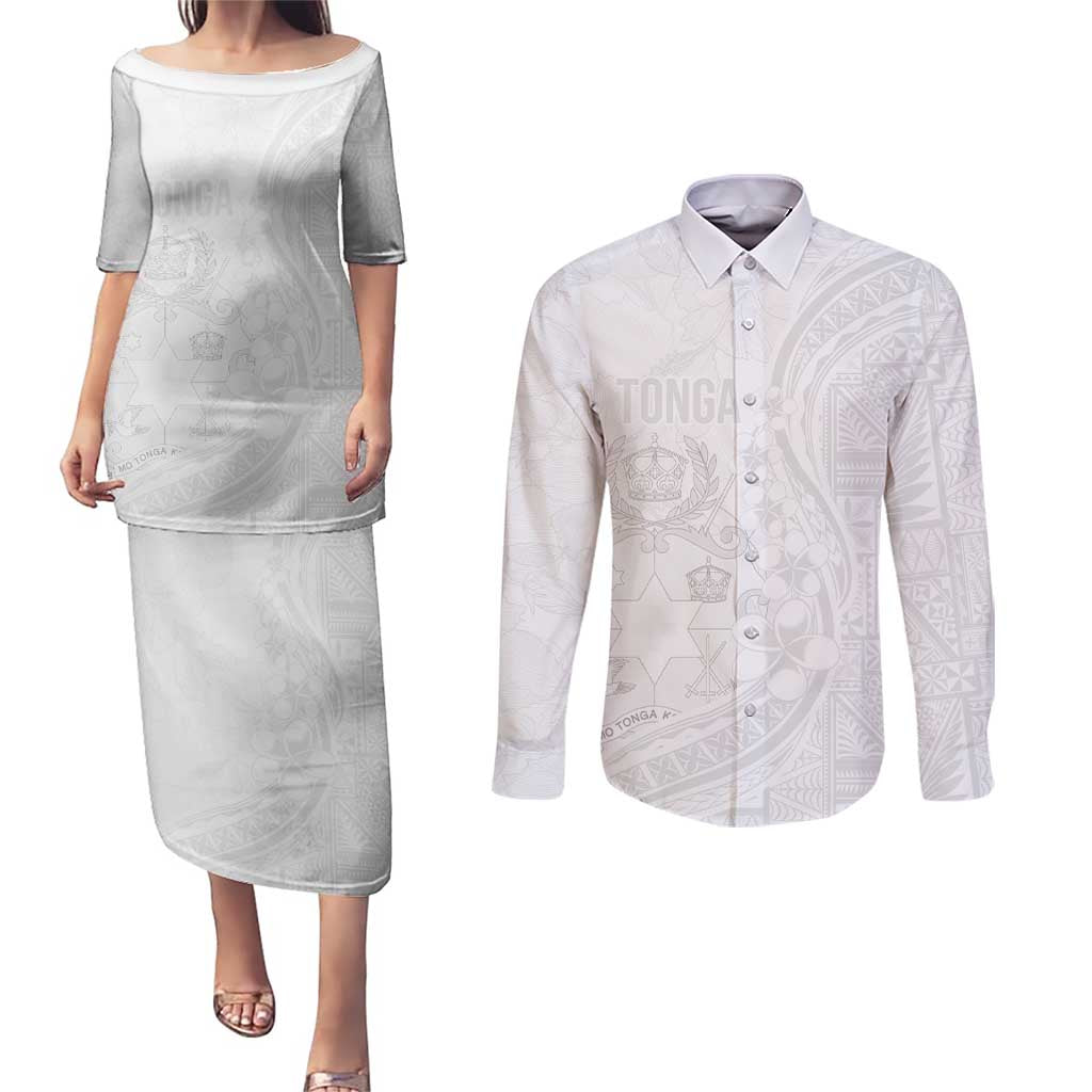 Tonga Faka Sepitema Couples Matching Puletasi and Long Sleeve Button Shirt Ngatu Pattern with Plumeria and Hibiscus LT03 White - Polynesian Pride