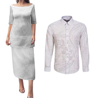 Tonga Faka Sepitema Couples Matching Puletasi and Long Sleeve Button Shirt Ngatu Pattern with Plumeria and Hibiscus LT03 White - Polynesian Pride