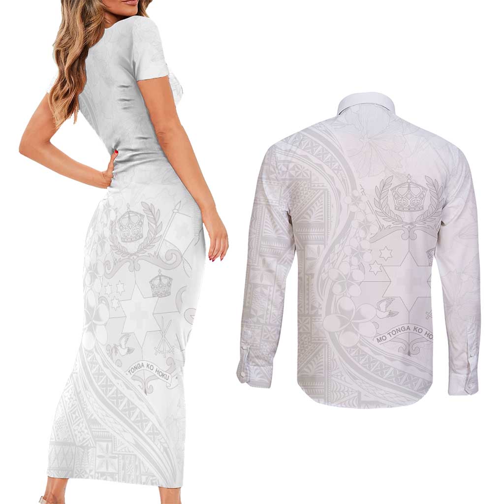 Tonga Faka Sepitema Couples Matching Short Sleeve Bodycon Dress and Long Sleeve Button Shirt Ngatu Pattern with Plumeria and Hibiscus